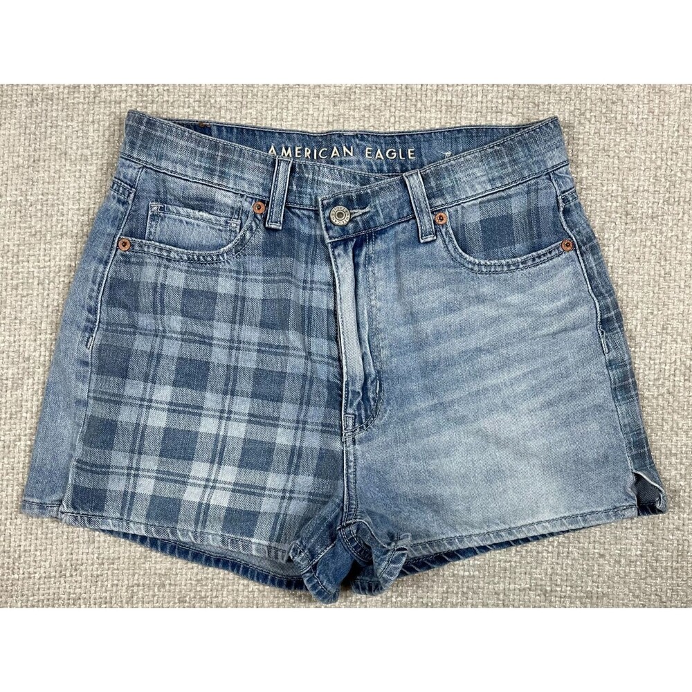 American Eagle Mom Shorts Women's Size 6 Half Plaid Highest Rise Blue Denim